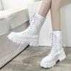2024 Winter Women's British Style Motorcycle Boots Solid Color Versatile Fashion Thick-soled Lace-up Mid-calf Boots Botas Mujer