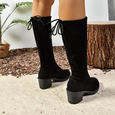 Мода 2024 Черные женские ботинки на шнуровке Повседневные Ретро Женские Ботильоны Осень Зима Замшевые Круглый Носок Высокие Ботинки на Толстом Каблуке