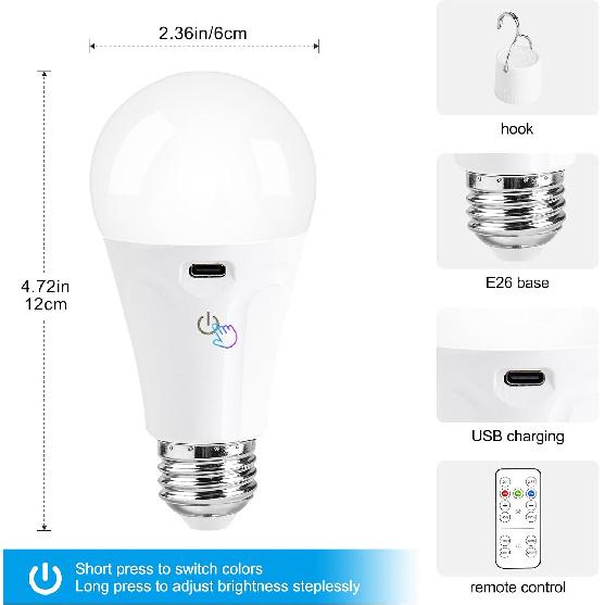 Powfloven E26 Rechargeable Light Bulbs with Remote and USB Charging, 2 Pack | Dimmable Battery Operated Light Bulb, 3 Color Temperatures, 4 Timer,