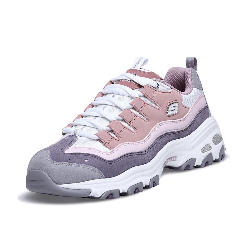 Skechers DLites Удобные Универсальные Прочные Дышащие Низкие Повседневные Кроссовки Женские Розовый Серый Белый 13141-PKPR