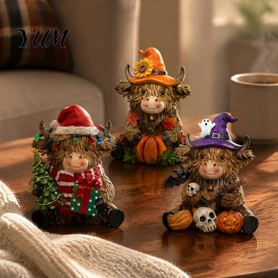 Window Sill Ornaments 3Pcs Highland Cow Figurine, Resin Yak Statues for Thanksgiving Christmas, Farmhouse Tabletop Shelf Mantel Entryway, Housewarming