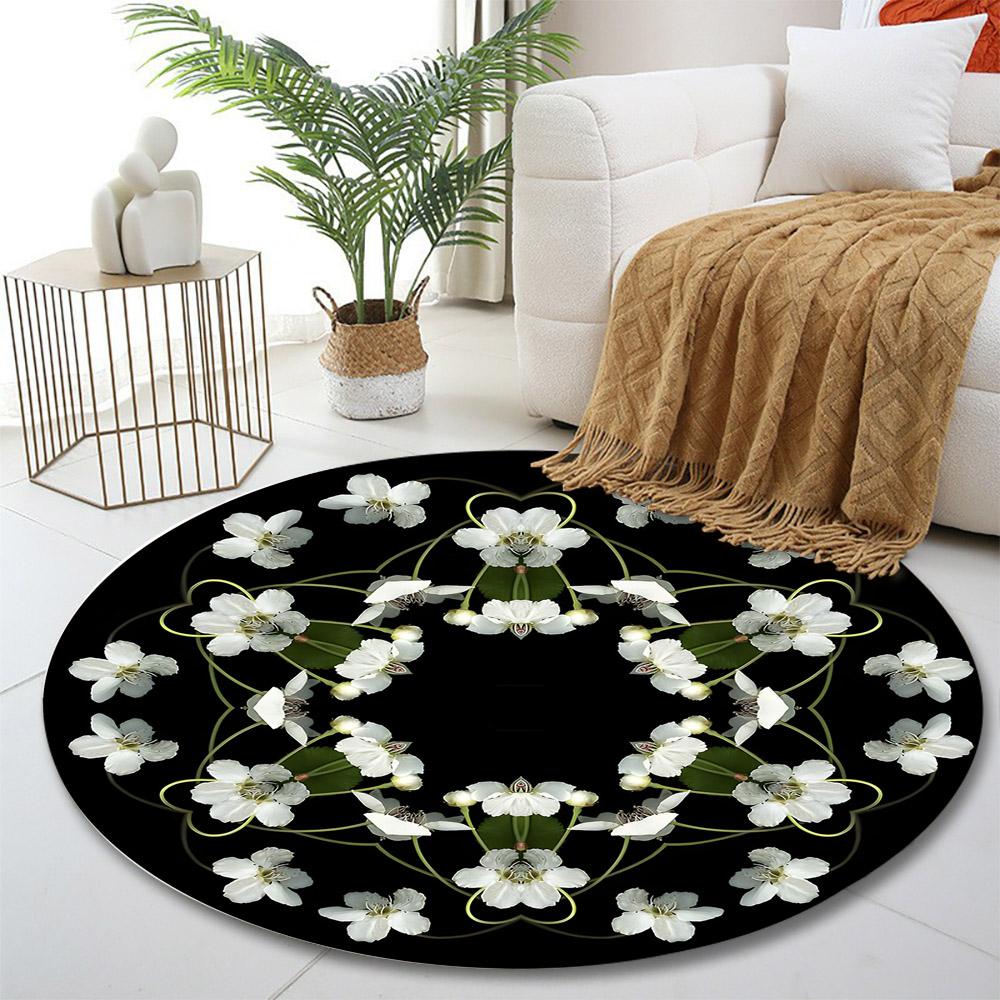 White Floral Mandala on Black Background Print round rug, living room, bedroom, playroom carpet, non slip floor mat, gift