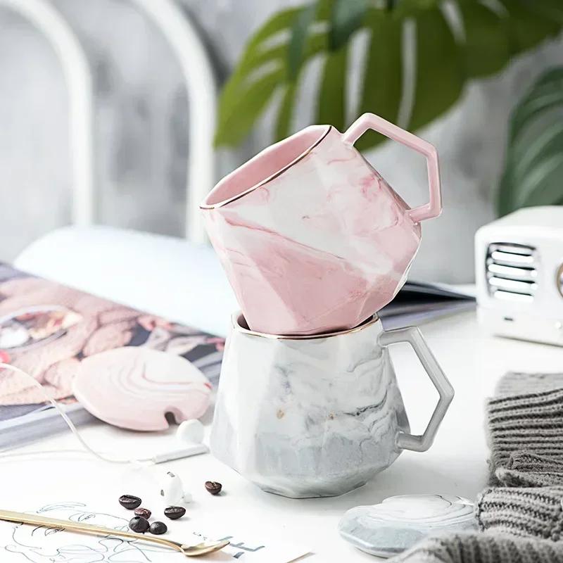 400ml Ceramic Marbled Coffee Mugs European Style Diamond Cup with Handle Personality Magic Mug Couple Friends Gift Milk Drinking