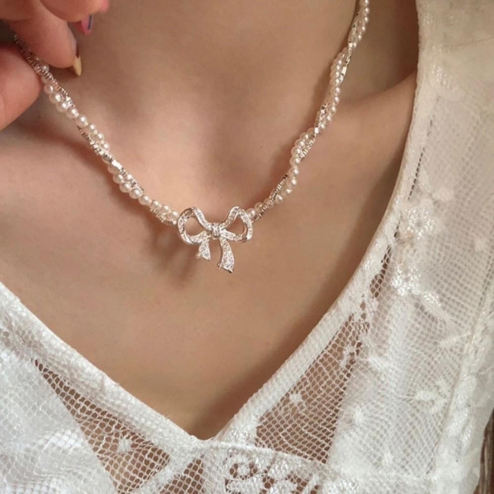 Pearl Silver Bowknot Necklace Pendant Simple Pendant Chain Temperament Bow Necklace Pendant Daily