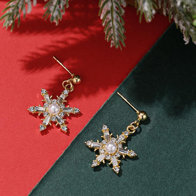 Европейские и американские рождественские серьги-кисточки со снежинками из циркона и искусственным жемчугом