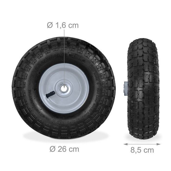 Relaxdays 2 Roues Pour Diable 4.1/3.5-4, Avec Air, Axe De 136 Mm, Jusqu’à 136 Kg, Jantes Acier 260x85 Mm, Noir-gris