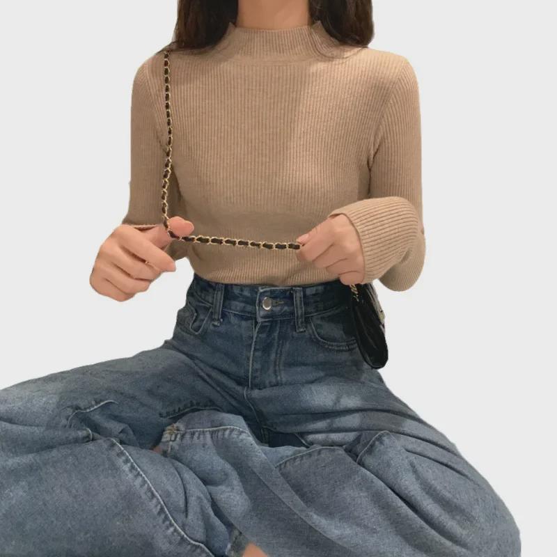 Women's Slim Fit Black Knit Half Turtleneck Sweater - Long-Sleeve, Autumn Top