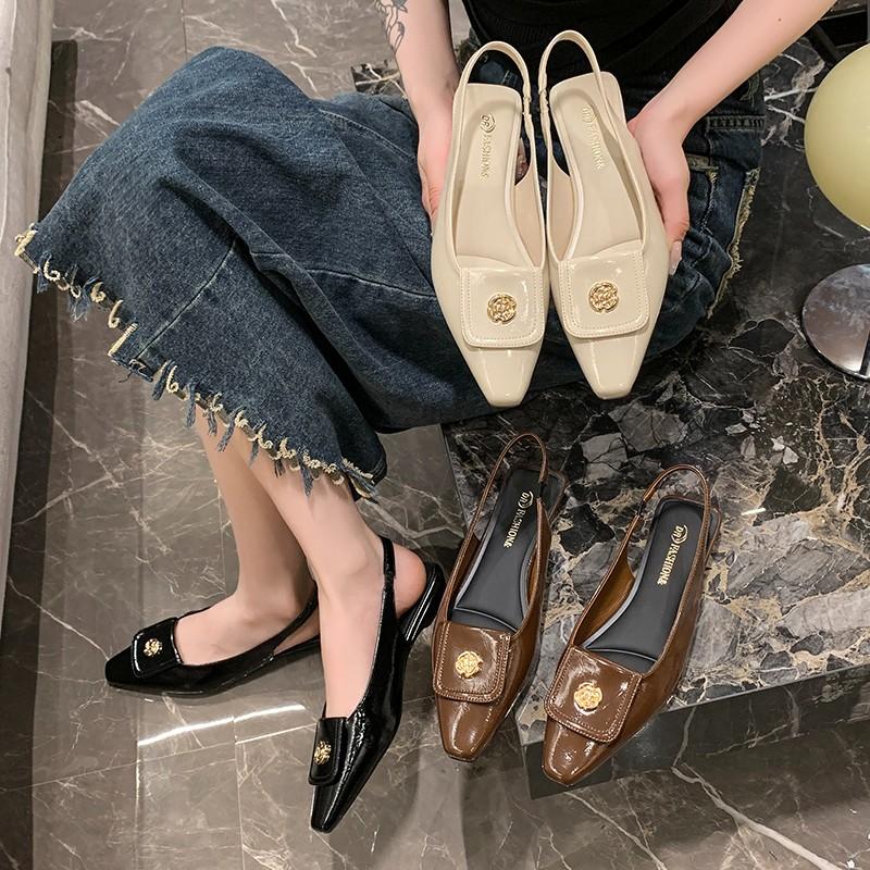 Мода 2024 года, модные металлические туфли-лодочки для женщин на среднем каблуке, туфли с острым носком, женские сандалии, брендовые разноцветные женские босоножки с открытой пяткой, элегантные