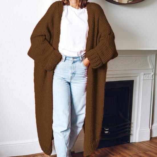 Свитер-кардиган с открытой вышивкой, морозостойкий теплый кардиган, однотонный стиль, свитер длиной до середины икры, пальто, повседневная одежда