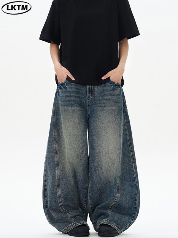 LKTM Унисекс Американские Ретро Синие Выцветшие Джинсы Тай-дай Свободного Покроя с Изогнутой Штаниной