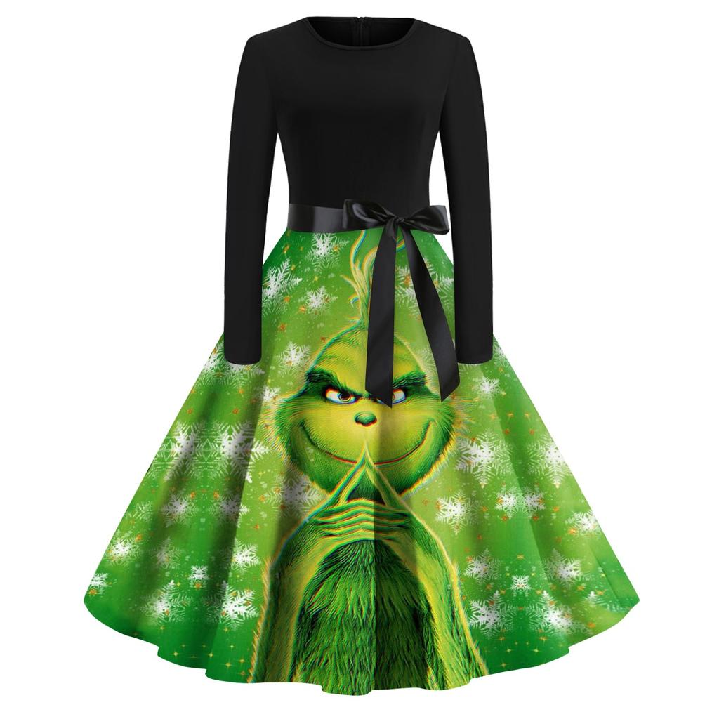 Женское модное повседневное платье с круглым вырезом и рождественским принтом и длинными рукавами