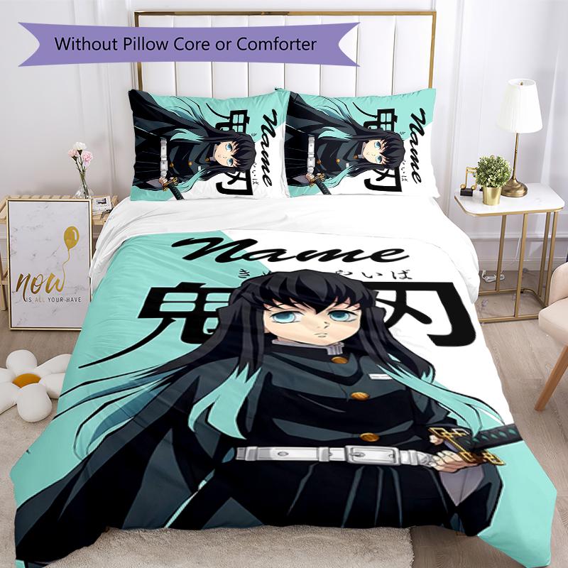 3pcs Custom Name Demon Slayer character theme Bedding Set Duvet Cover Closure Includes 1 Duvet Cover & 2 Pillowcases for All Seasons Bedroom Decor