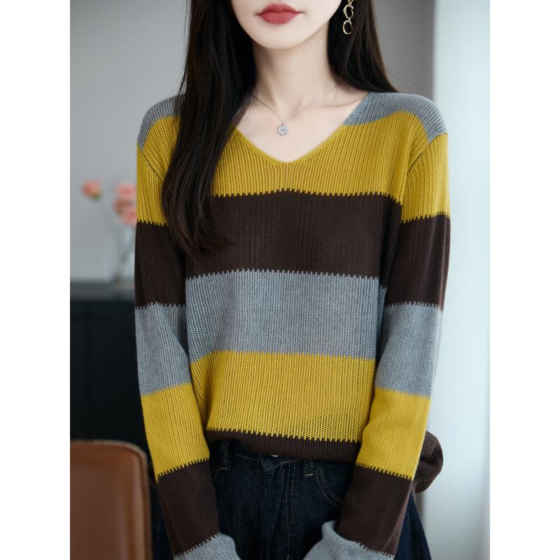Korean Color Block V-Neck Knit Sweater - Women's Casual Striped Loose Fit for Early Autumn