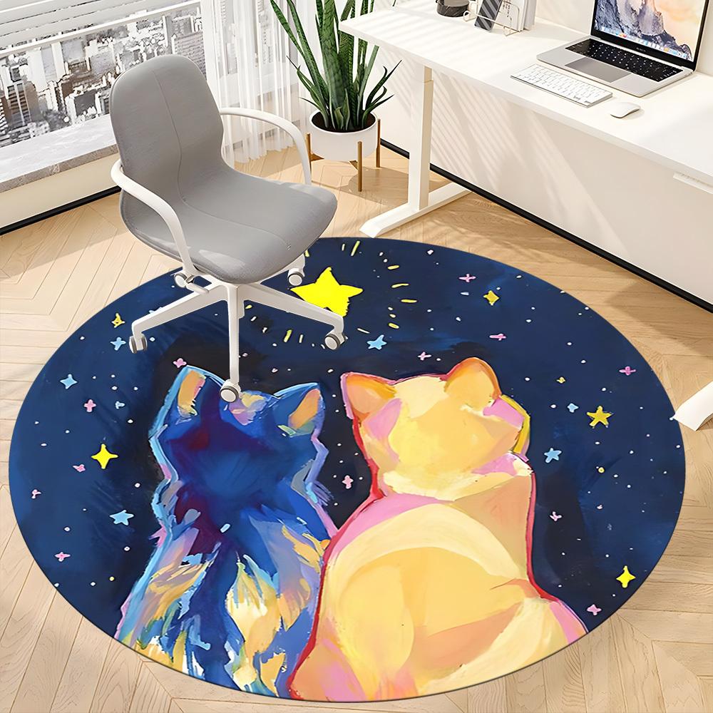 1pc Cats Night Office Round Area Rug, Under Office Chairs Bedroom Living Room Home Decor, Room Deco, Available in Various Sizes