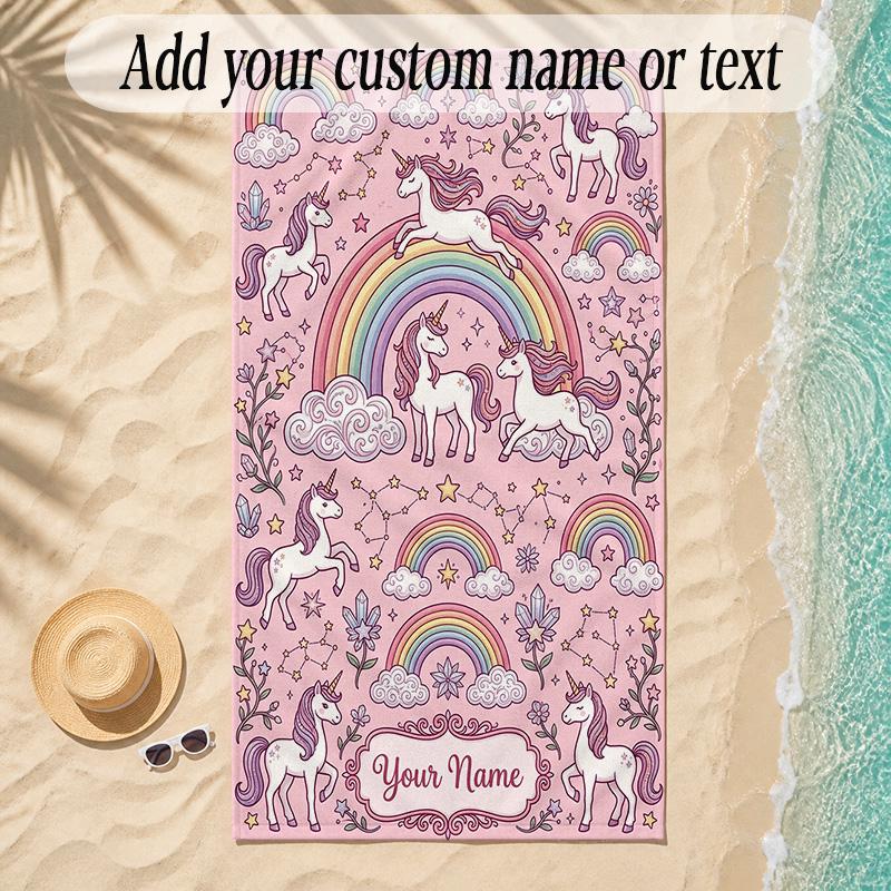 Unicorn Theme Soft Beach Towel Personalized Custom Name Text Towel Portable for Beach Pool Travel