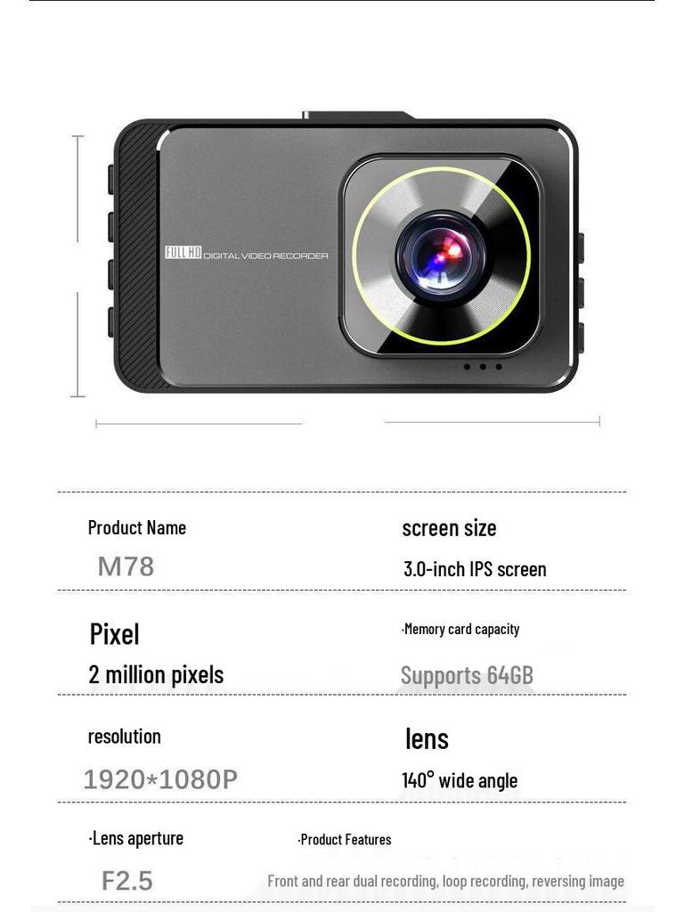 Dual Lens Dash Cam with Night Vision, 3" HD 1080P, WiFi, and Front & Rear Recording