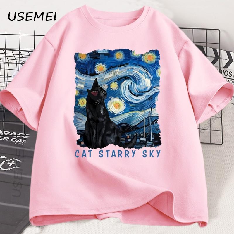 Cute Black Cat Starry Sky Night Vintage Tshirt Unisex Women Cotton Short Sleeve Round Neck Tshirt Casual Graphic Tshirt Clothes