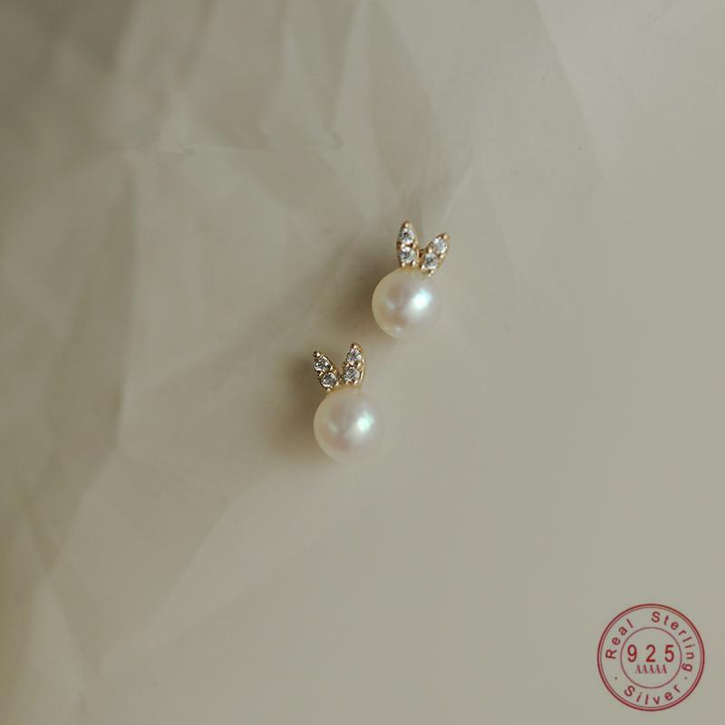 925 Sterling Silver Plating 14K Gold Earrings Simulated Pearl Zircon Rabbit Earrings for Women Cute Sweet Jewelry Gift