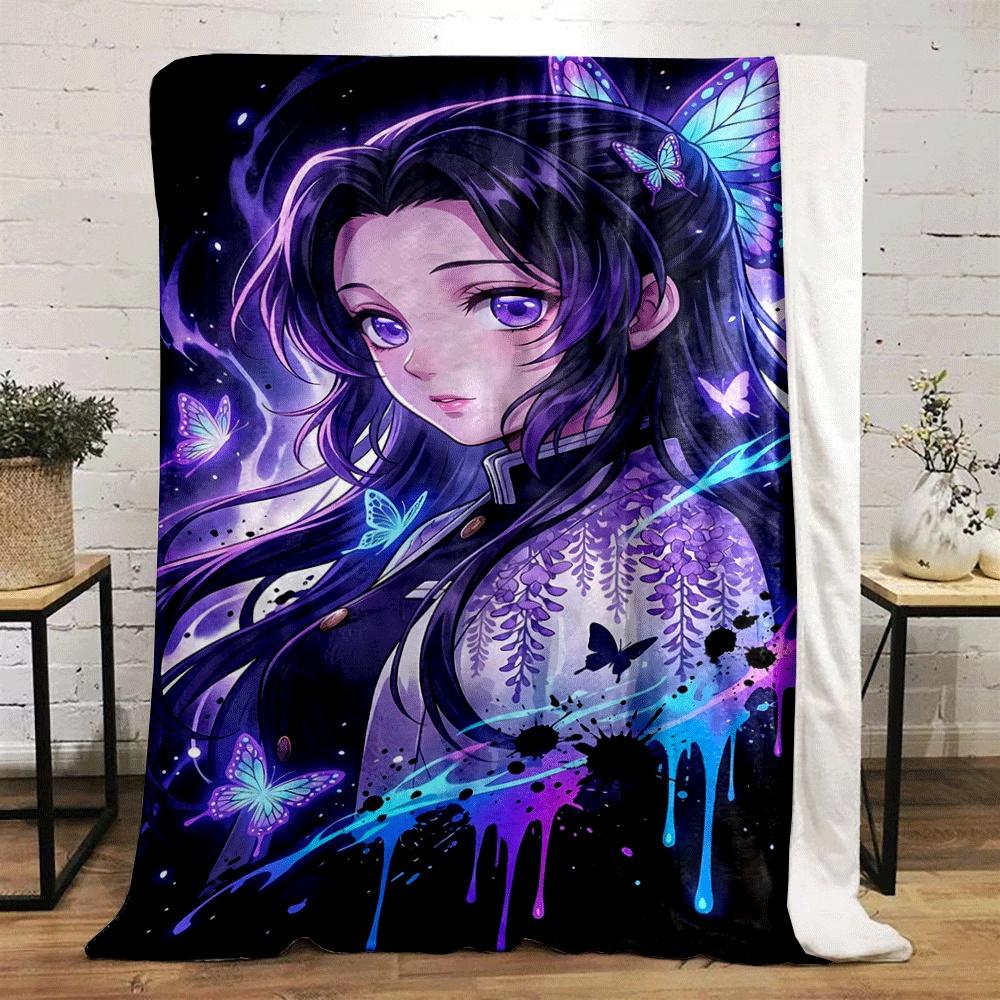 Butterflies, glowing effects, and flowing hair with purple and blue hues. for all seasons blanket lunch break throw gift
