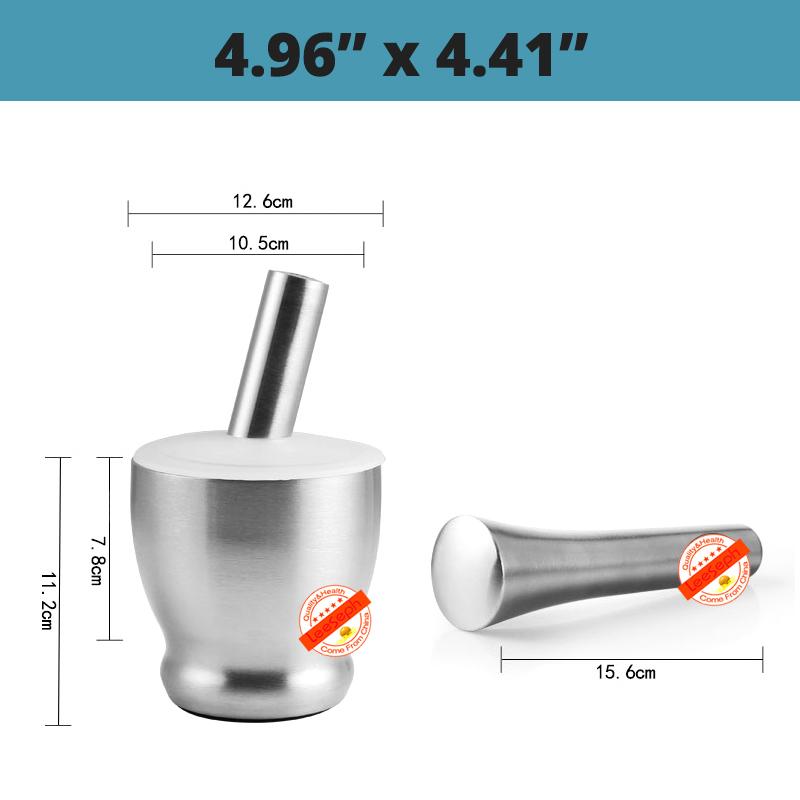 18/8 Stainless Steel Mortar and Pestle Spice Grinder with Silicone Dust Cover, Anti Slip Base and Comfy Grip - Dishwasher Safe