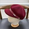 High-end British wind and water diamond leather buckle wool newsboy hat women's retro octagonal hat commuting face small wool cap