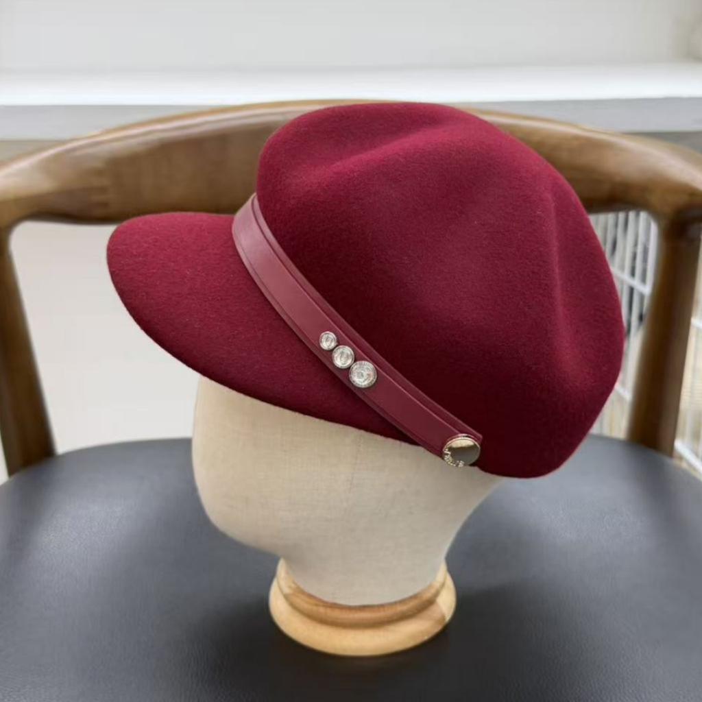 High-end British wind and water diamond leather buckle wool newsboy hat women's retro octagonal hat commuting face small wool cap