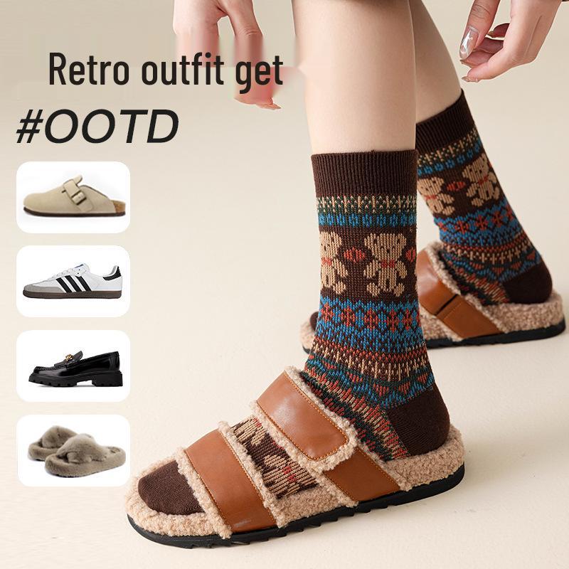Женские носки из гребенного хлопка до середины икры с двойной иглой - Милый и ретро стиль Мори для осени/зимы
