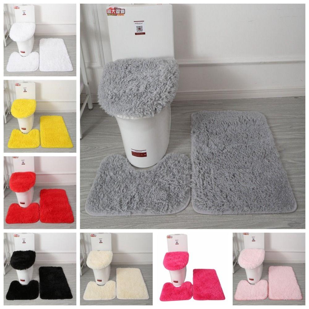 3pcs/set Fluffy Hairs Toilet Lid Cover Rugs Solid Color Shower Carpets Sets Shower Room