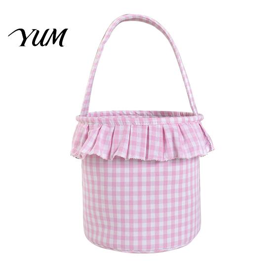 Holiday Decorative Storage Bins Halloween Basket, Plaid Ruffle Trick or Treat Candy Bucket with Handle Christmas Present Pouches for Kids, Reusable