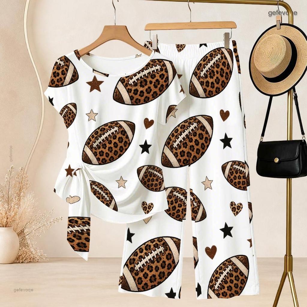 Women Plus Size White Round Neck Short Sleeve Printed Knot Hem Top And Long Pants Two Piece Set