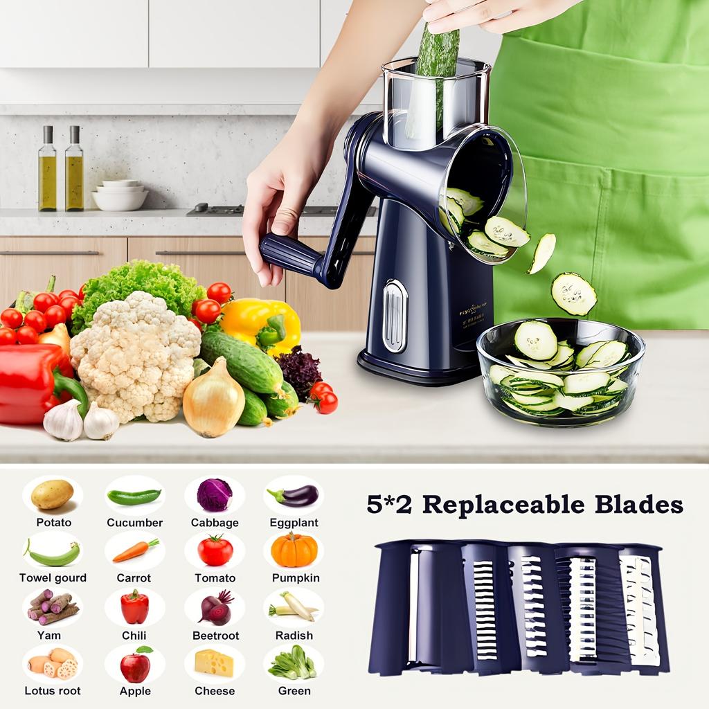 5-in-1 Stainless Steel Vegetable Slicer & Shredder with Strong Suction Cup Base - Includes Cheese Grater, Easy To Use & Store, Ideal Kitchen Gift