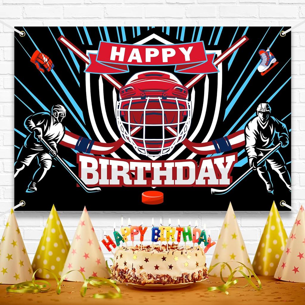 Ice Hockey Happy Birthday Backdrop Banner Ice Hockey Rink Game Sports Theme Background Decor for Player Adult Kids Boys Girls Birthday Party Favors