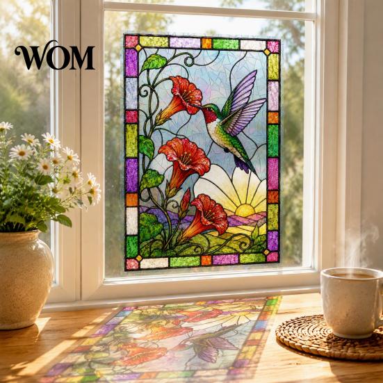 Electrostatic Adsorption Floral Film Stained Glass Static Window Clings, Hummingbird Flower Stickers, Removable No Glue Decal PVC Decals for Home Door