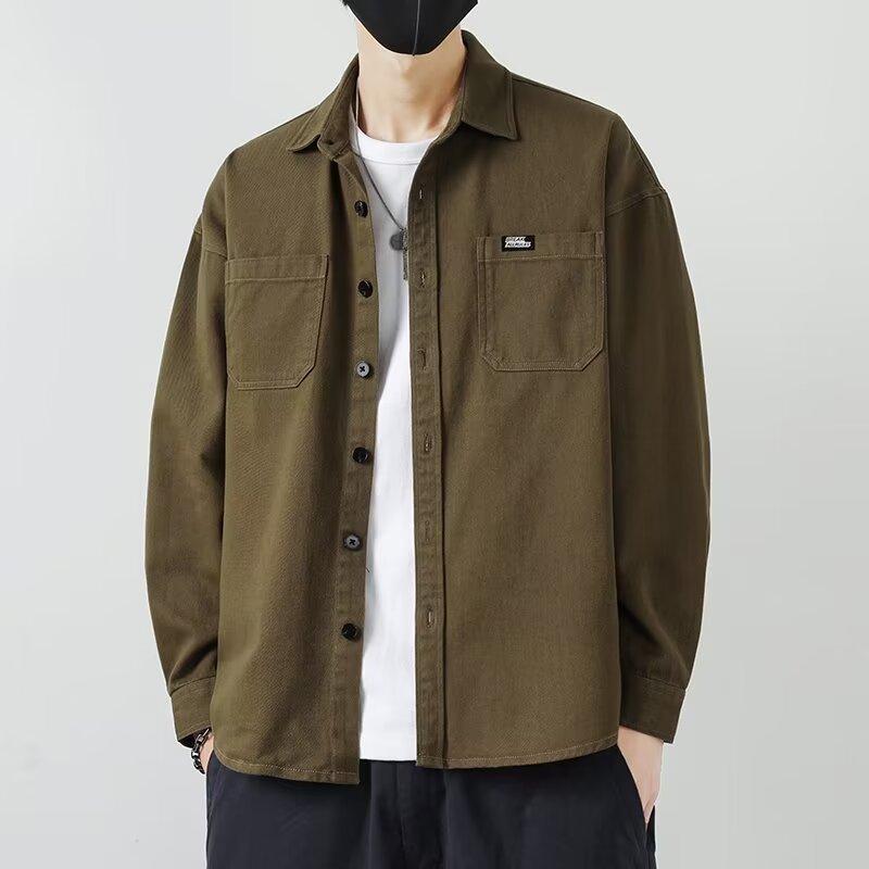 Весенне-летняя хлопковая рубашка с длинными рукавами, мужская свободная модная американская куртка с лацканами, карманы, рубашка, верхняя одежда, топы