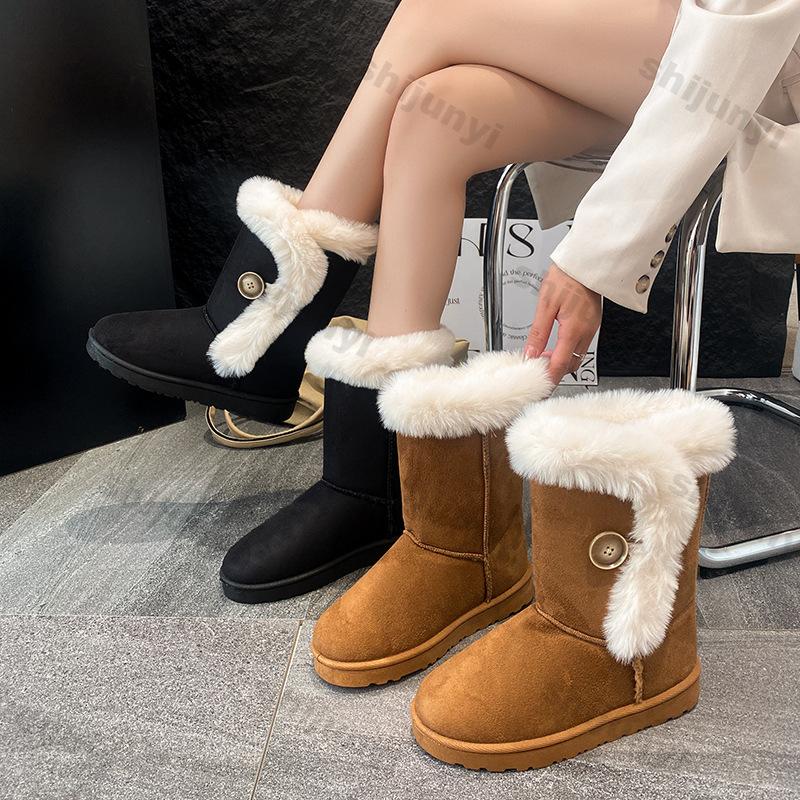 Модные женские зимние ботинки 2024 Новые плюшевые ботинки Теплые Высокие до середины икры На толстой подошве Нескользящие Уличные для альпинизма Хлопковые ботинки