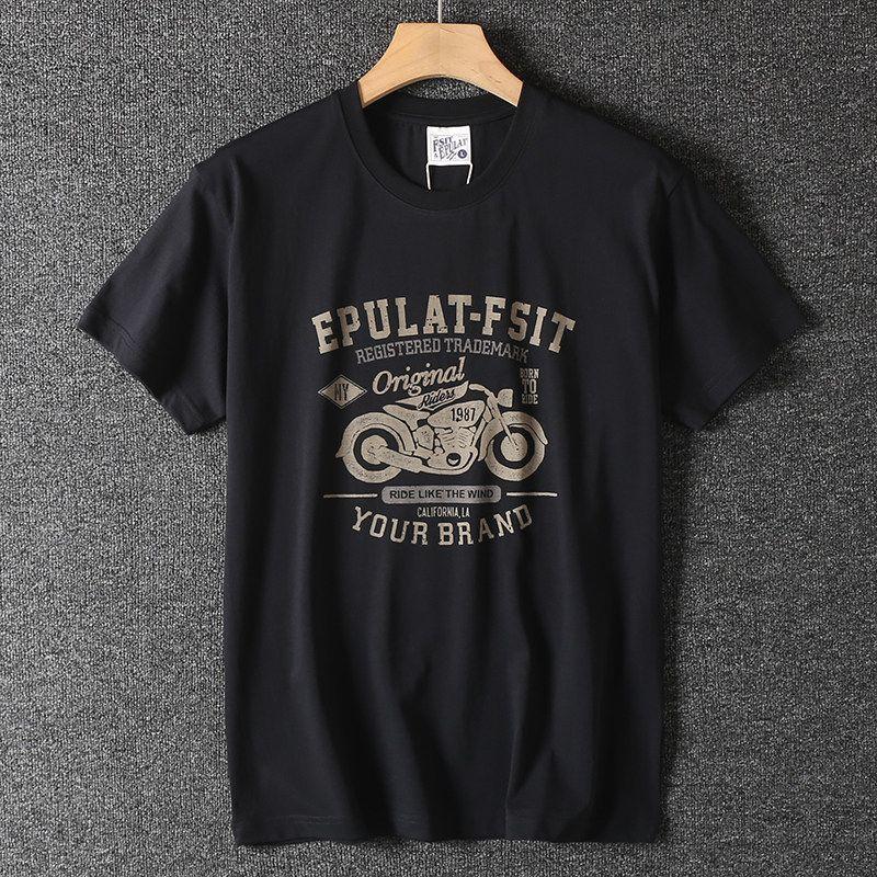 Trade American-Style Heavyweight Short-Sleeved T-Shirt for Men, Summer Pure Cotton Retro Motorcycle Print Versatile Round-Neck Half-Sleeve T-Shirt