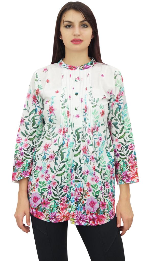 Phagun Womens Floral Printed White Full Sleeve Casual Tunic Top Blouse Shirt-