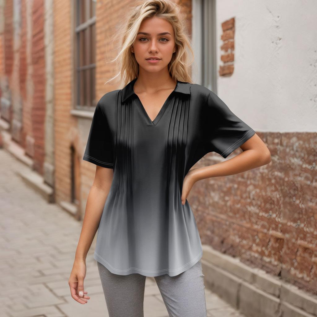 Женские футболки с коротким рукавом, плиссированные, с V-образным вырезом, с принтом, с воротником, летние топы, модные, деловые, повседневные, рабочие