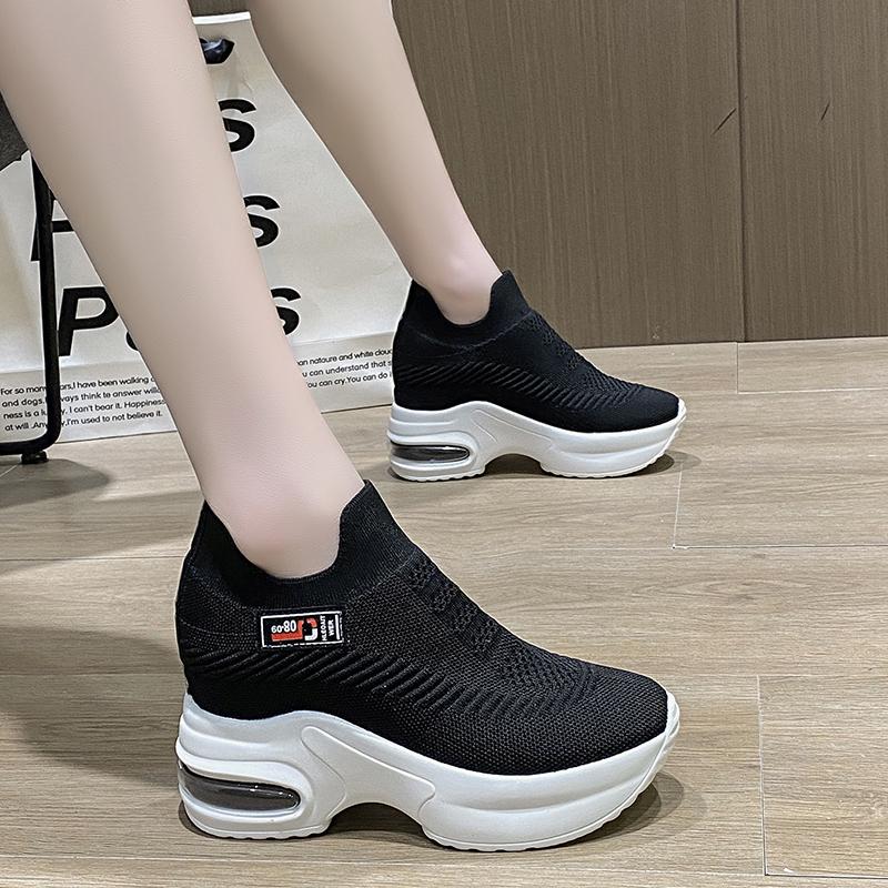 New Ladies Sneakers Spring Sequin Casual Women's Platform High Heels Wedge Heel Heightening Knitted Ladies Vulcanized Shoes