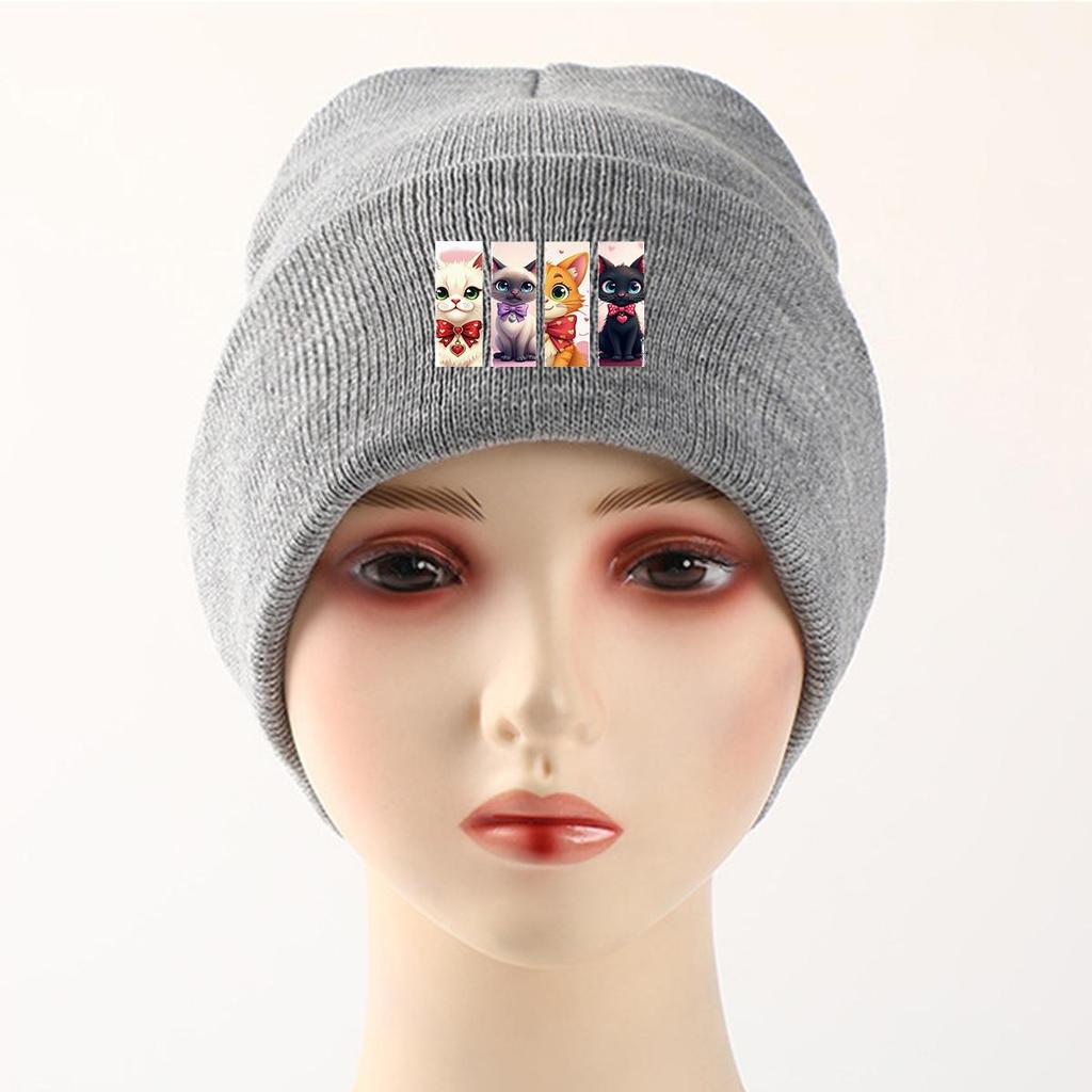 Зимняя вязаная шапка с изображением мультяшного кота, шапка с черепом животного, легкая манжета, модная вязаная шапка-капка