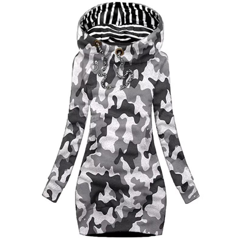 Women Hoodie Dress Casual Solid Color Sweater Camouflage Long Sleeve Drawstring Pullover Sweatshirt Autumn Winter Slim Fit Cotton