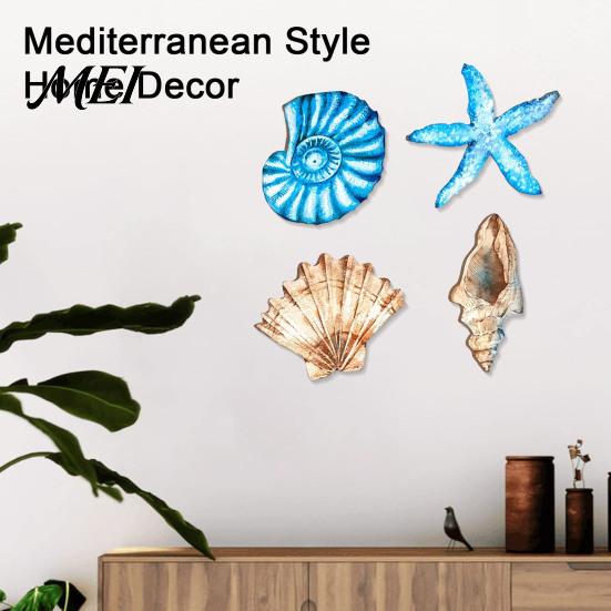 Wooden Seashell Wall Decorations 4Pcs/Set Shell Starfish Decor, And Conch Art, Hanging Coastal Signs for Beach House Home Bathroom Living Room