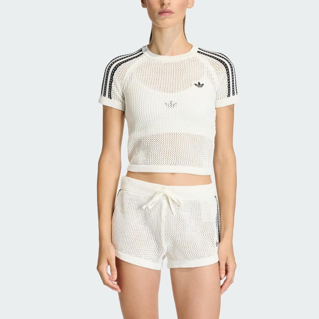 adidas Оригинальная футболка Cali вязаная крючком облегающего кроя с коротким рукавом женские топы KE0200