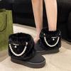 Модные женские зимние ботинки 2025 Зимние плюшевые теплые противоскользящие удобные ботильоны Пушистые с круглым носком на платформе с жемчужной цепочкой Хлопковые ботинки