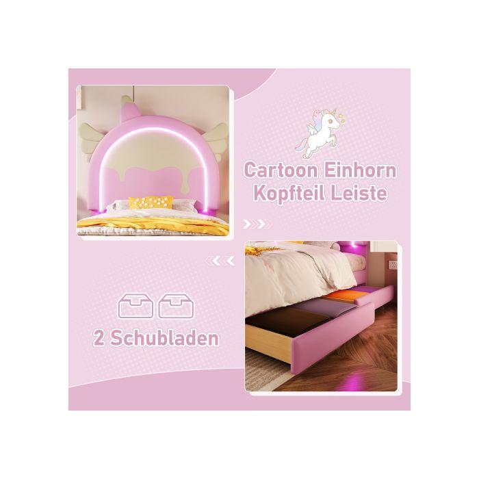 Детская кровать-единорог - 90 x 200 см - со световой планкой - 2 ящика - розовая из ПУ
