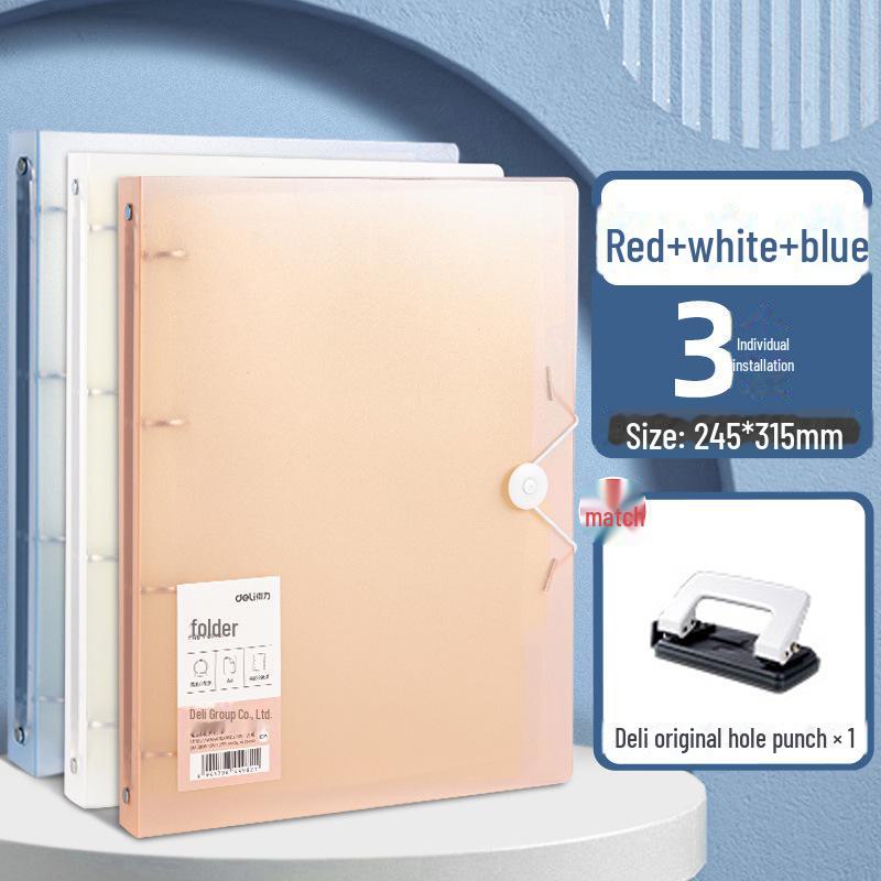 Папка-регистратор формата А4 с четырьмя отверстиями, бумагой для проверки пробивки отверстий и большим объемом для хранения.