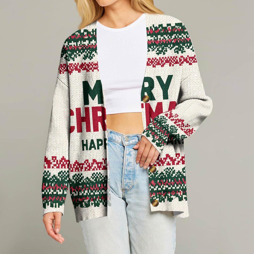 Women's Fashion Long Sleeve Christmas Print V-Neck Button Loose Cardigan Top