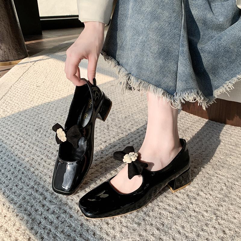 2025 Squared Heel Women High Heels Single Shoes Glitter Genuine Top Quality Fashion Round Toe All Match Cute Beautiful Pumps