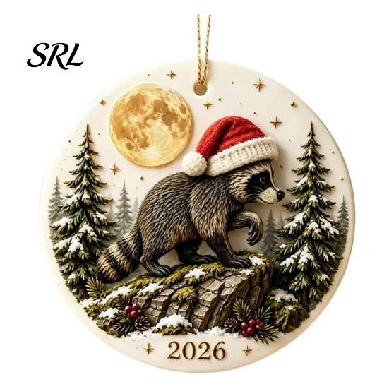 Indoor Festive Ornament Christmas Raccoon Acrylic Ornament, Cute Animal Hanging Decor for Tree Small Lover Present Desk, Holiday Home Decoration,