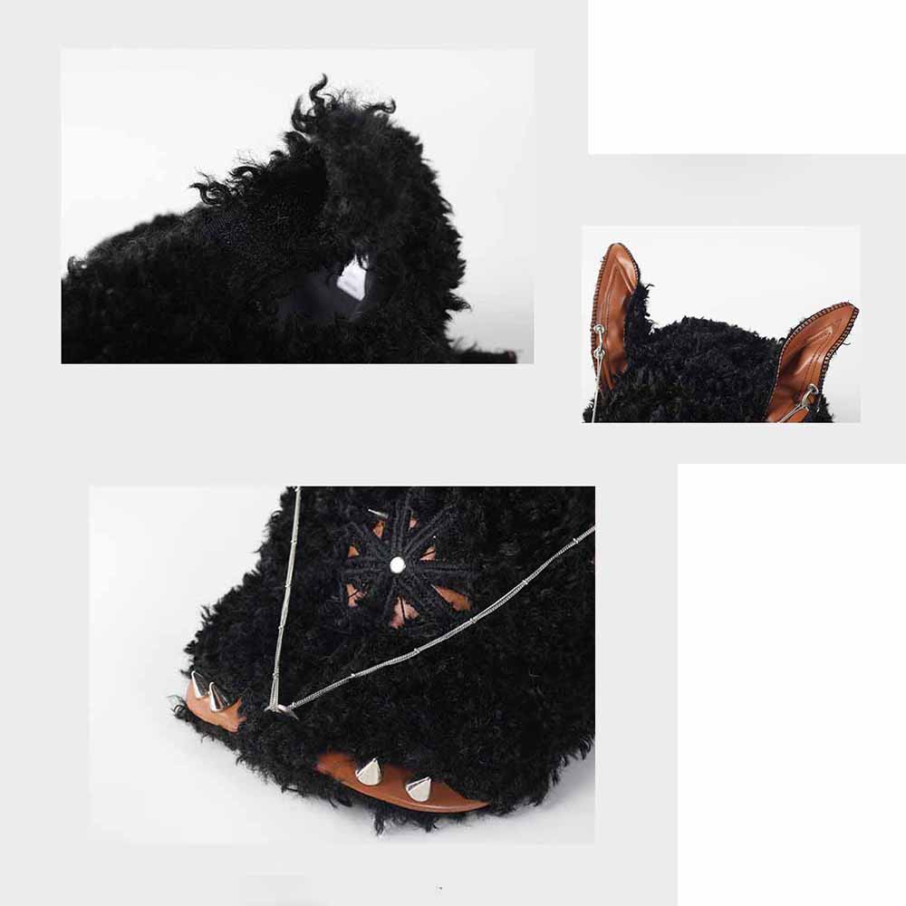 Sherpa Fleece 3D Wolf Head Hat with Rivet Chain Decor, Gothic Punk Cosplay Hat for Halloween Party, Multi‑Colors Available